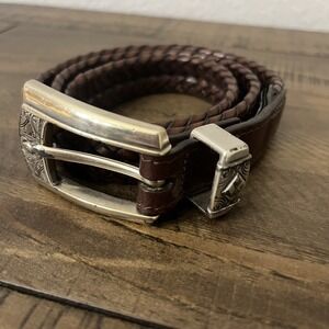 BRIGHTON Brown Leather Braided Belt Q2108 Silver Buckle‎ & Conchos Size S/28